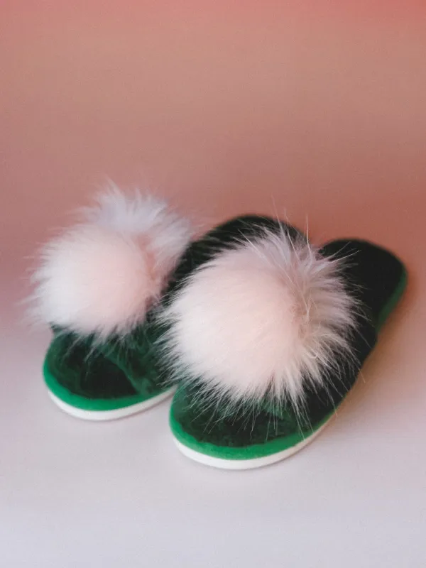 Soft Pom Pom Slippers - Green made by Three Bird Nest