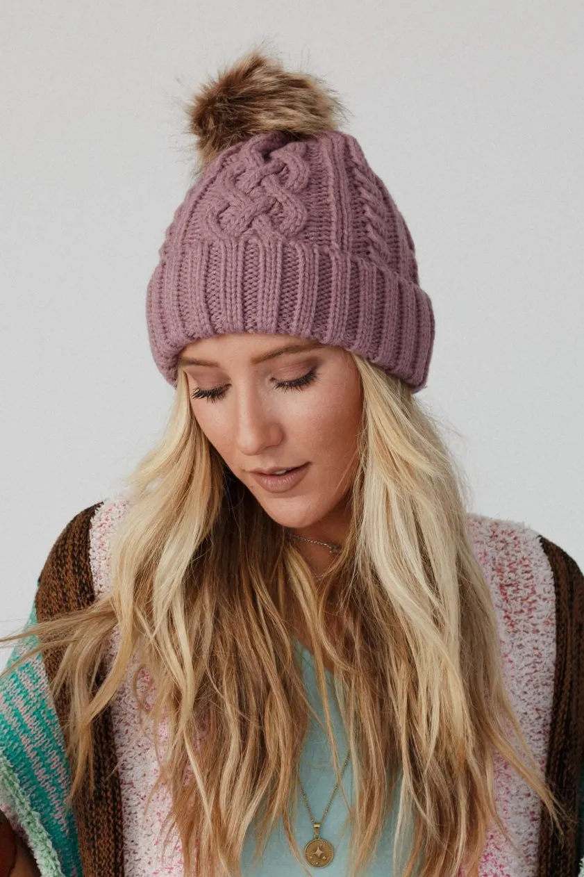 Cable Knit Faux Fur Pom Beanie - Mauve sold by Three Bird Nest product image thumbnail 3