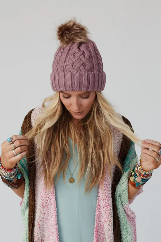 Cable Knit Faux Fur Pom Beanie - Mauve made by Three Bird Nest