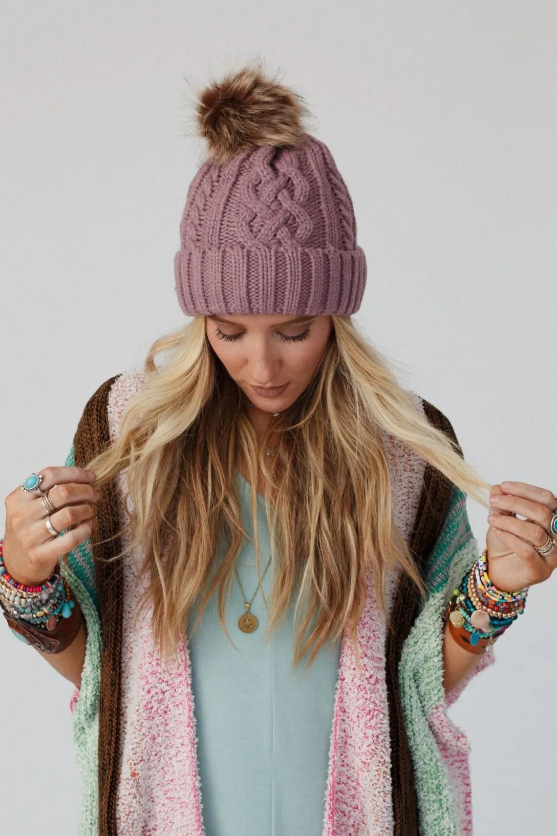 Cable Knit Faux Fur Pom Beanie - Mauve sold by Three Bird Nest