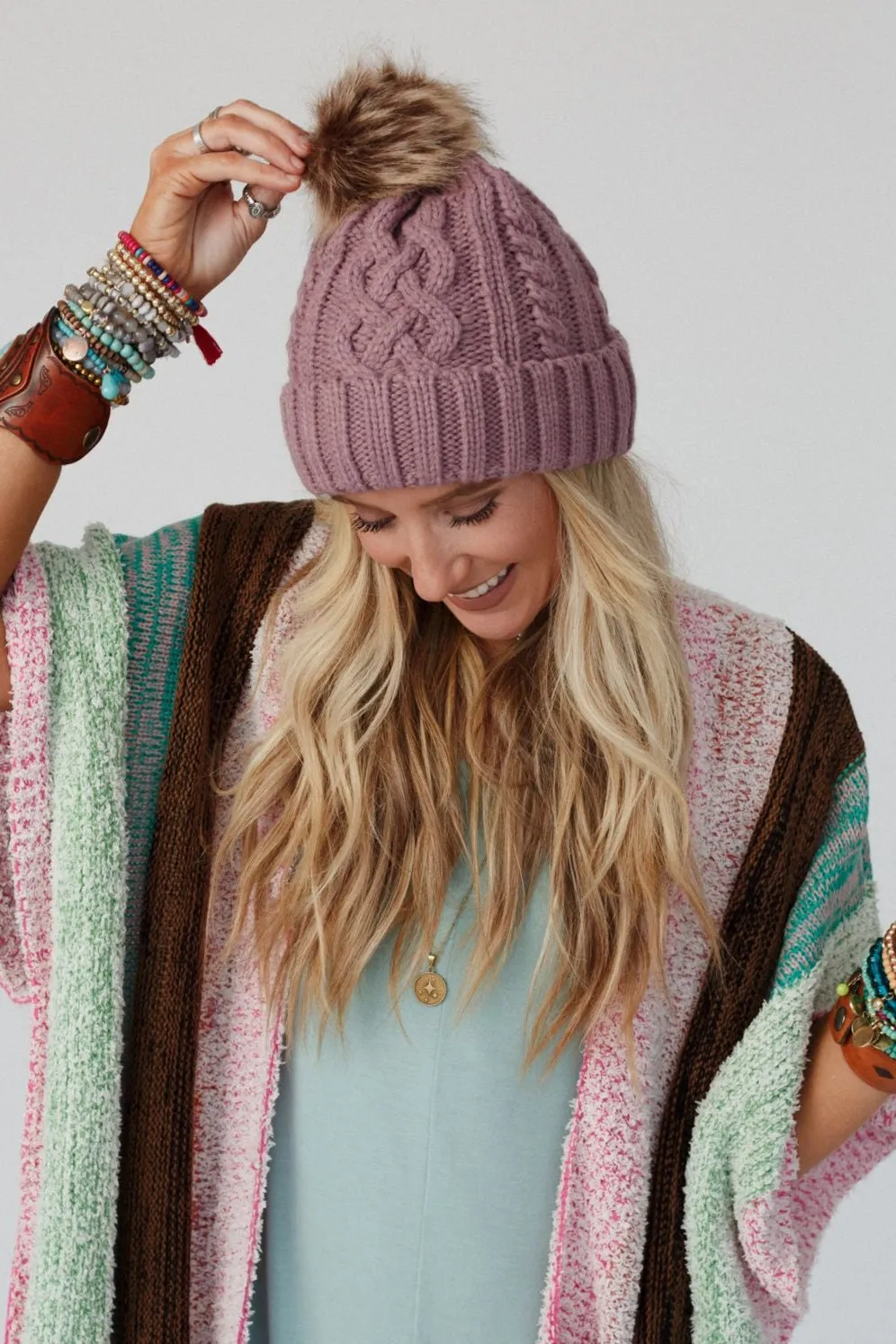 Cable Knit Faux Fur Pom Beanie - Mauve sold by Three Bird Nest product image thumbnail 4