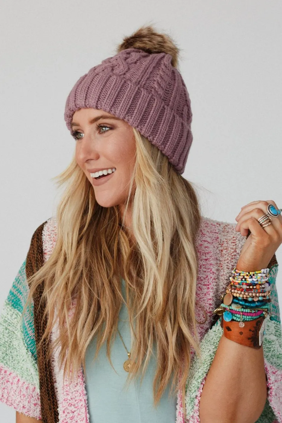 Cable Knit Faux Fur Pom Beanie - Mauve sold by Three Bird Nest product image thumbnail 2