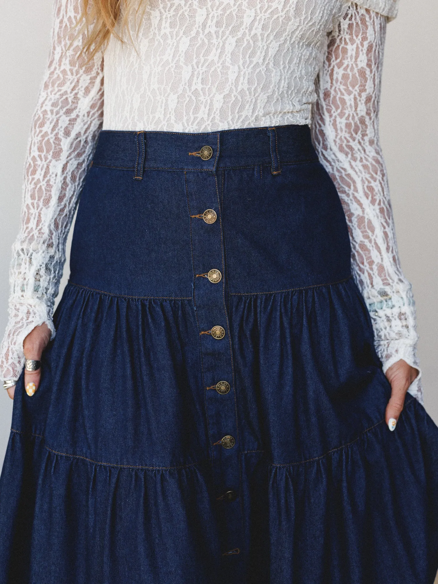 Country Mart Tiered Maxi Skirt - Dark Denim sold by Three Bird Nest product image thumbnail 2