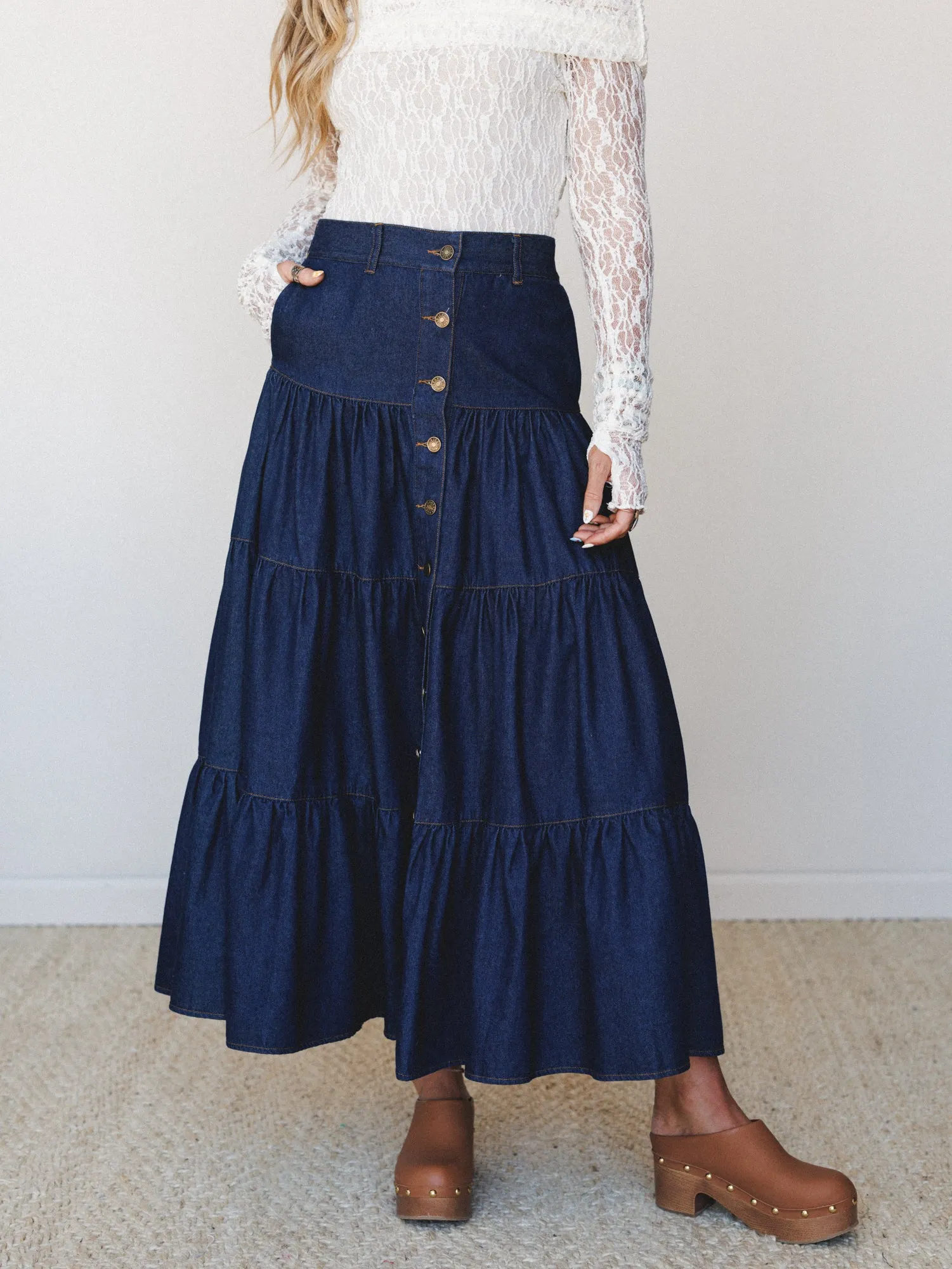 Country Mart Tiered Maxi Skirt - Dark Denim sold by Three Bird Nest product image thumbnail 5