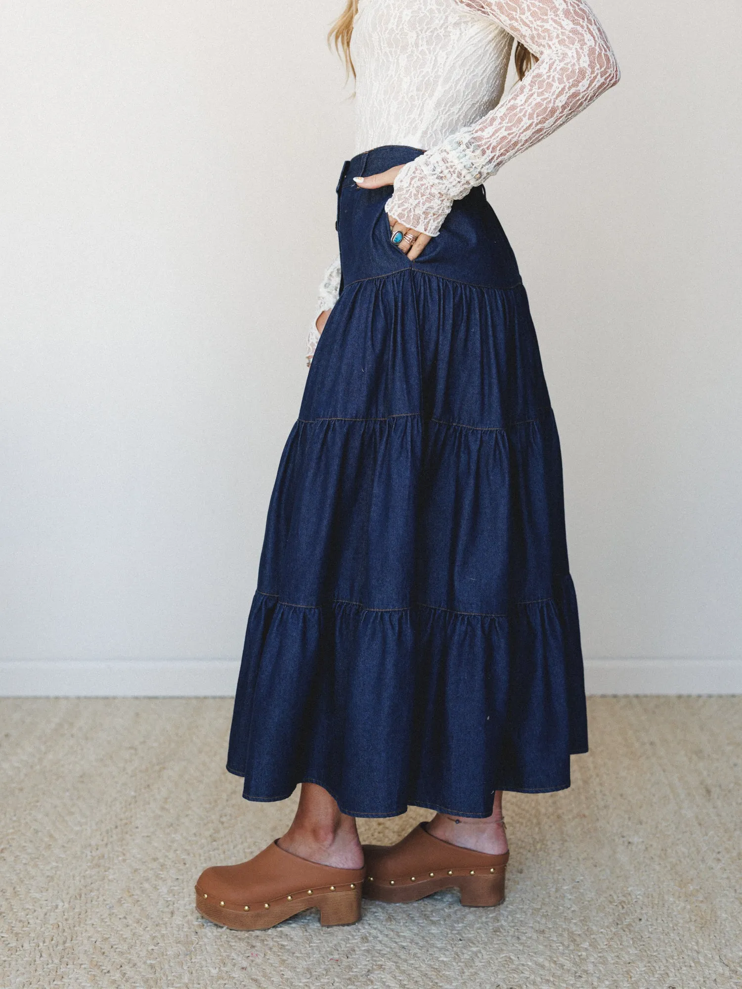 Country Mart Tiered Maxi Skirt - Dark Denim sold by Three Bird Nest product image thumbnail 3