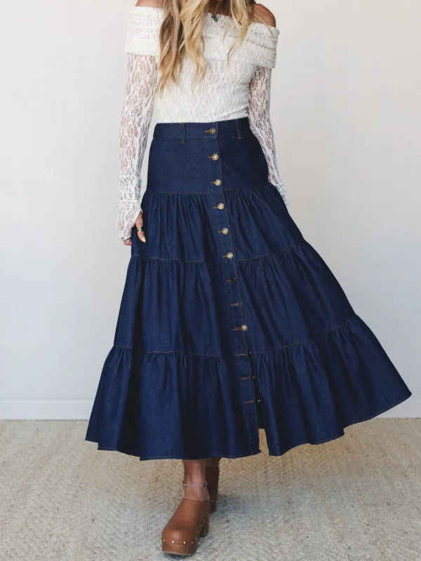 Country Mart Tiered Maxi Skirt - Dark Denim made by Davi & Dani