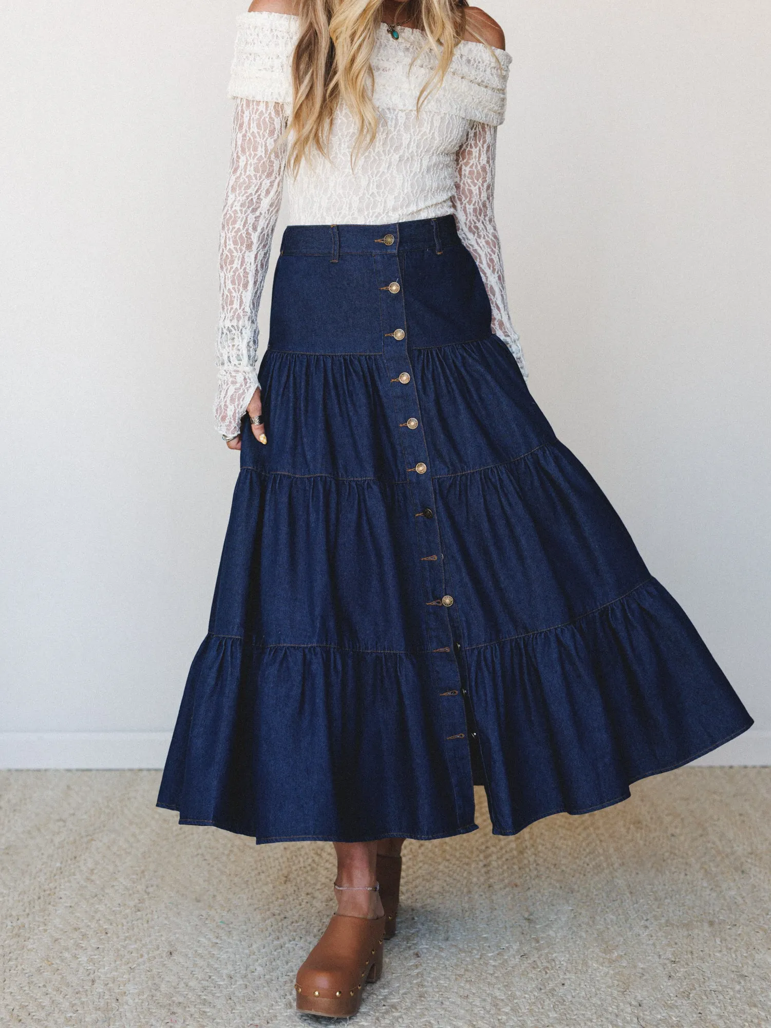 Country Mart Tiered Maxi Skirt - Dark Denim sold by Three Bird Nest