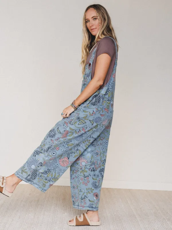 High Hopes Slouchy Denim Overalls - Faded Floral Blue Denim made by easel