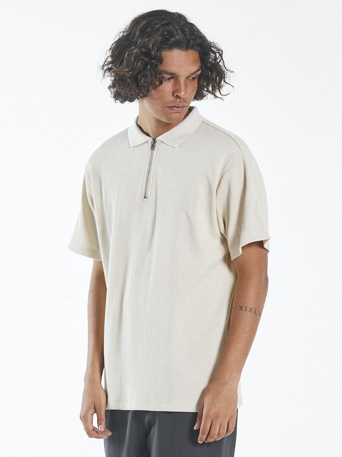 Waffle 3 Quarter Zip Polo - Unbleached sold by Thrills