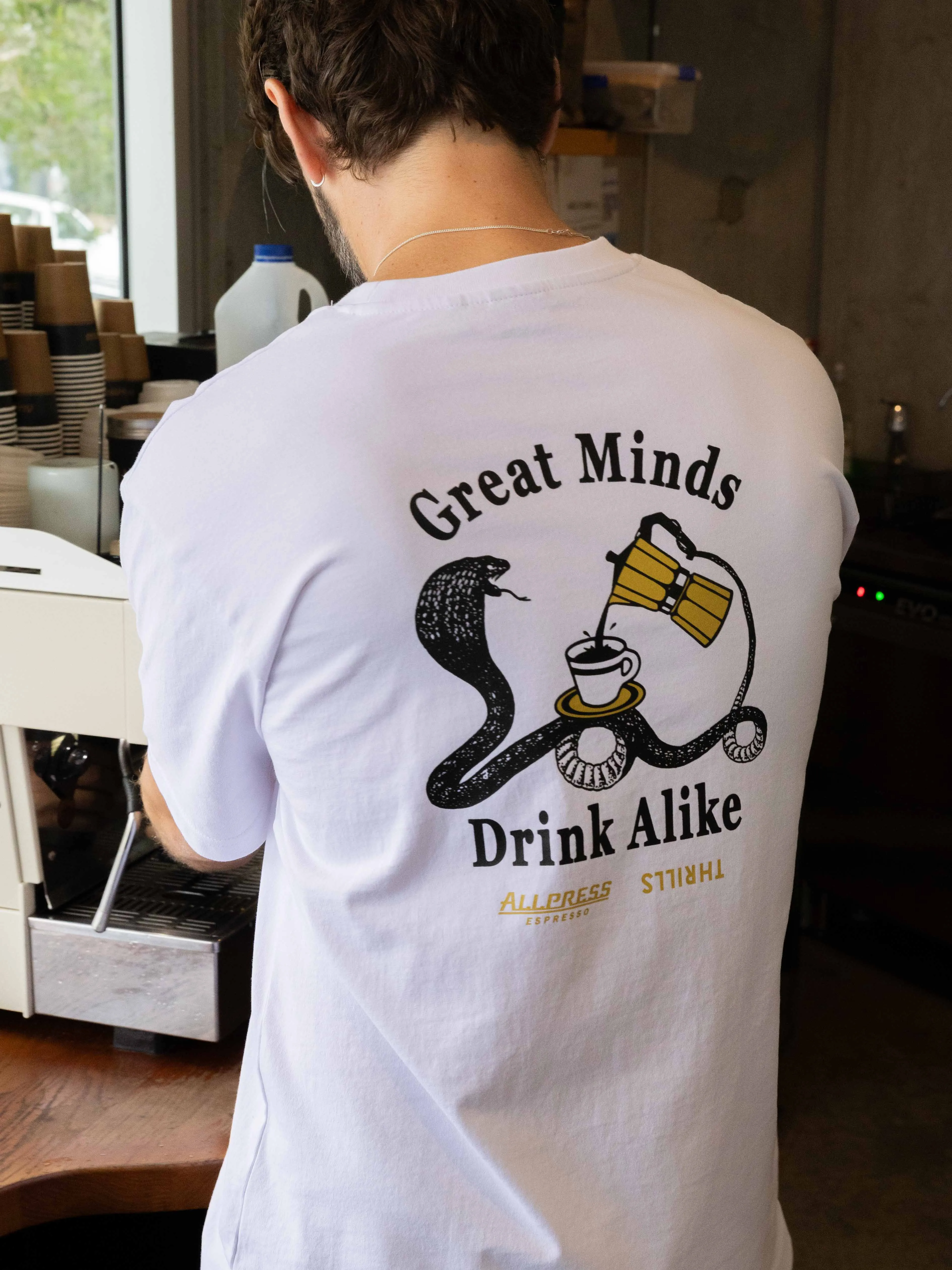 Allpress X Thrills Great Minds Drink Alike Oversize Pocket Tee - White sold by Thrills