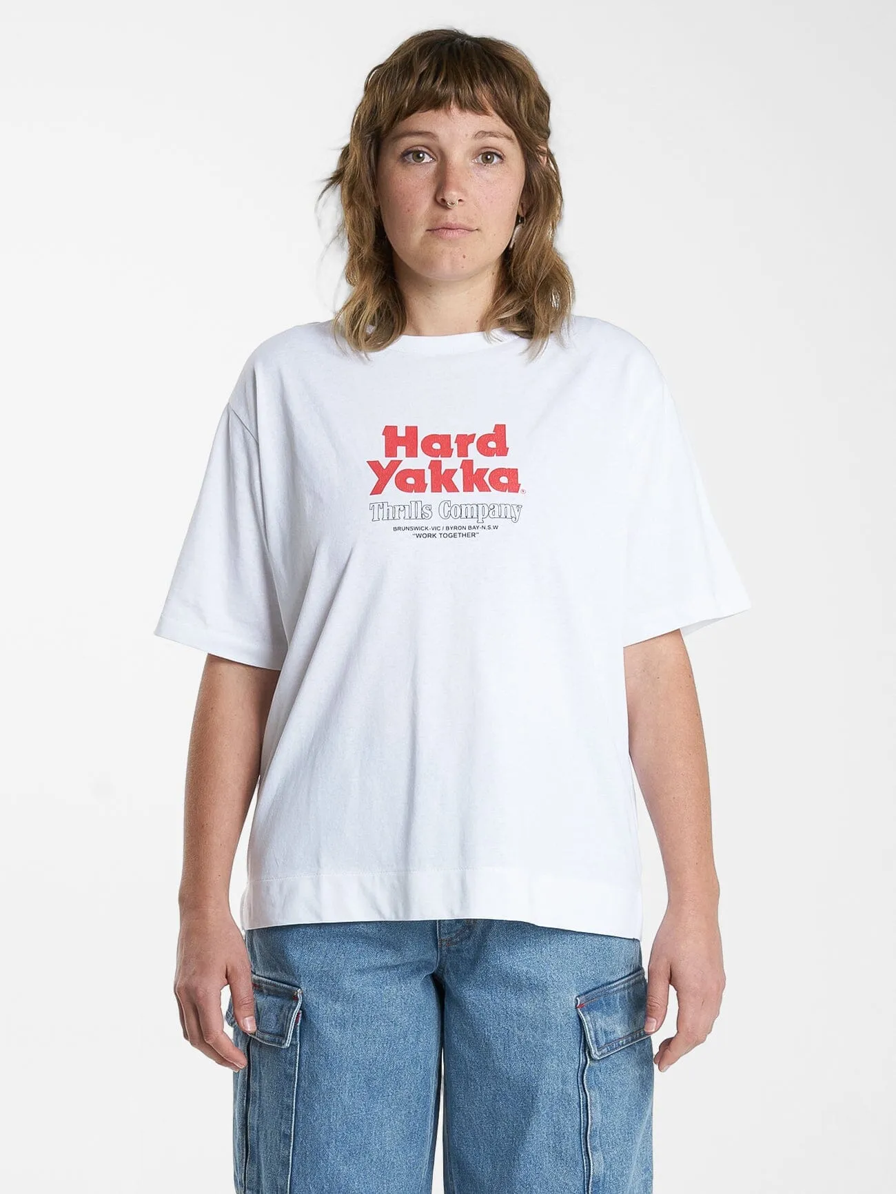 Hard Yakka X Thrills Stacked Box Fit Tee - White sold by Thrills product image thumbnail 3