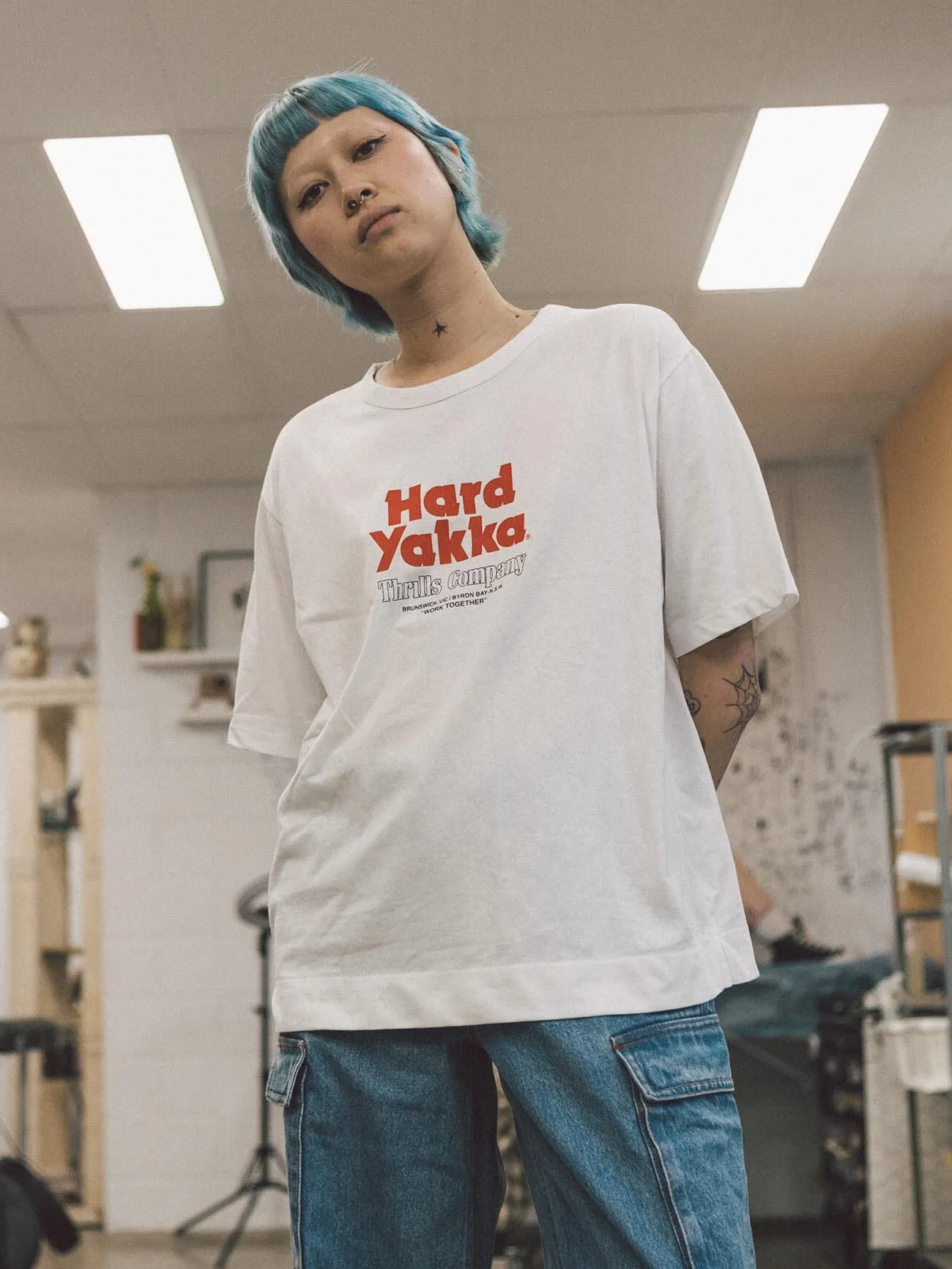 Hard Yakka X Thrills Stacked Box Fit Tee - White sold by Thrills