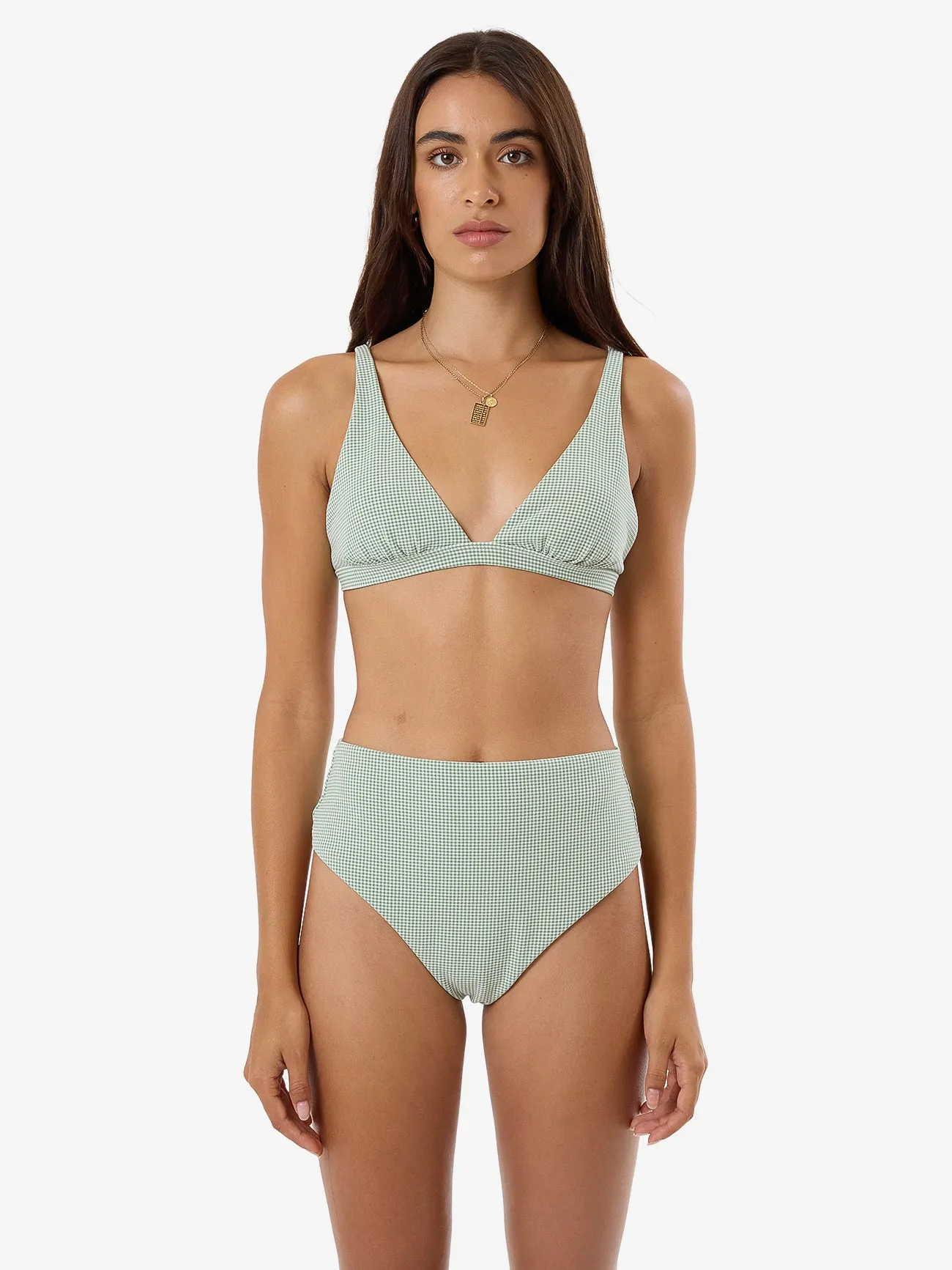 Lou Gingham Tall Triangle Bikini Top - Elm Green sold by Thrills