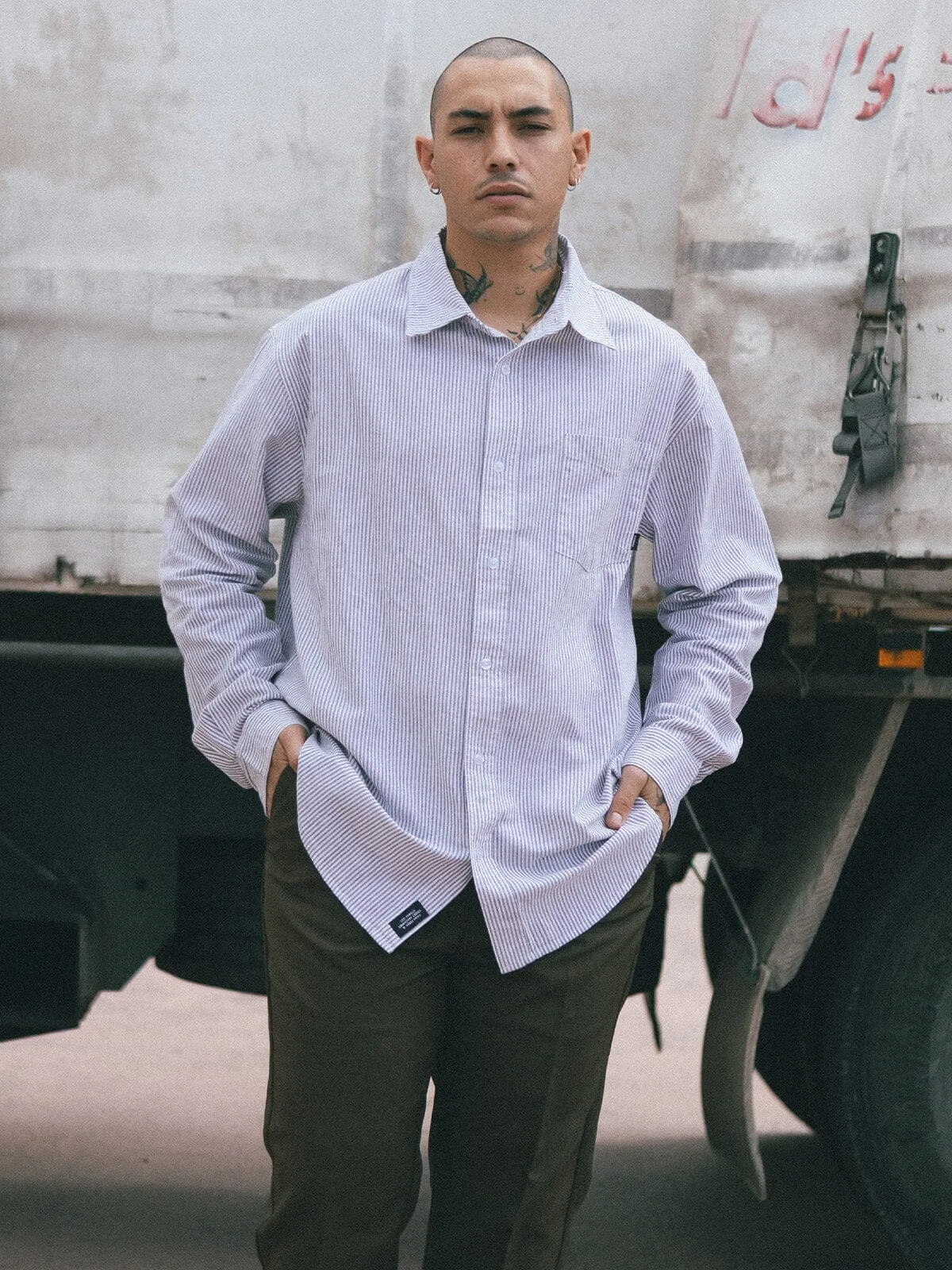 Occasions Long Sleeve Shirt - Olive Night Stripe sold by Thrills