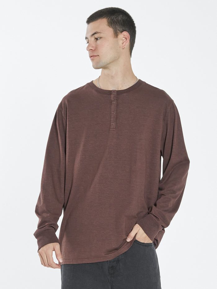 Hemp Liste Long Sleeve Henley - Washed Cocoa sold by Thrills