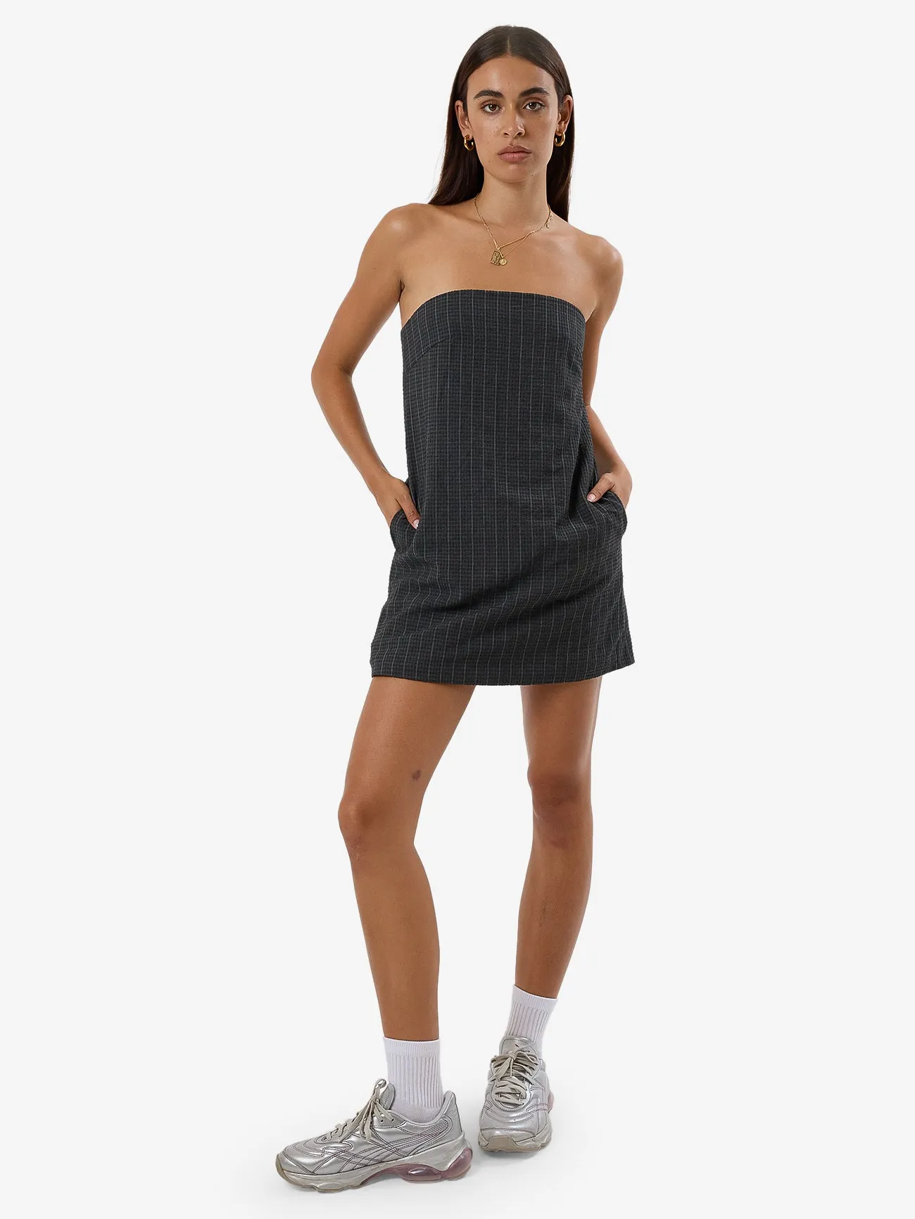 Colby Strapless Dress - Charcoal Pinstripe sold by Thrills