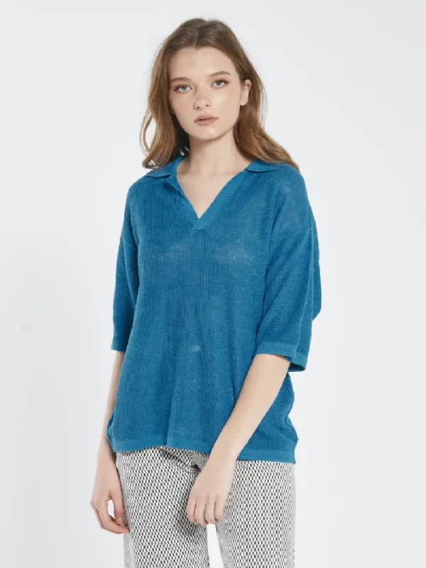 Linen Knitted Oversized Polo - Cerulean Blue made by Thrills