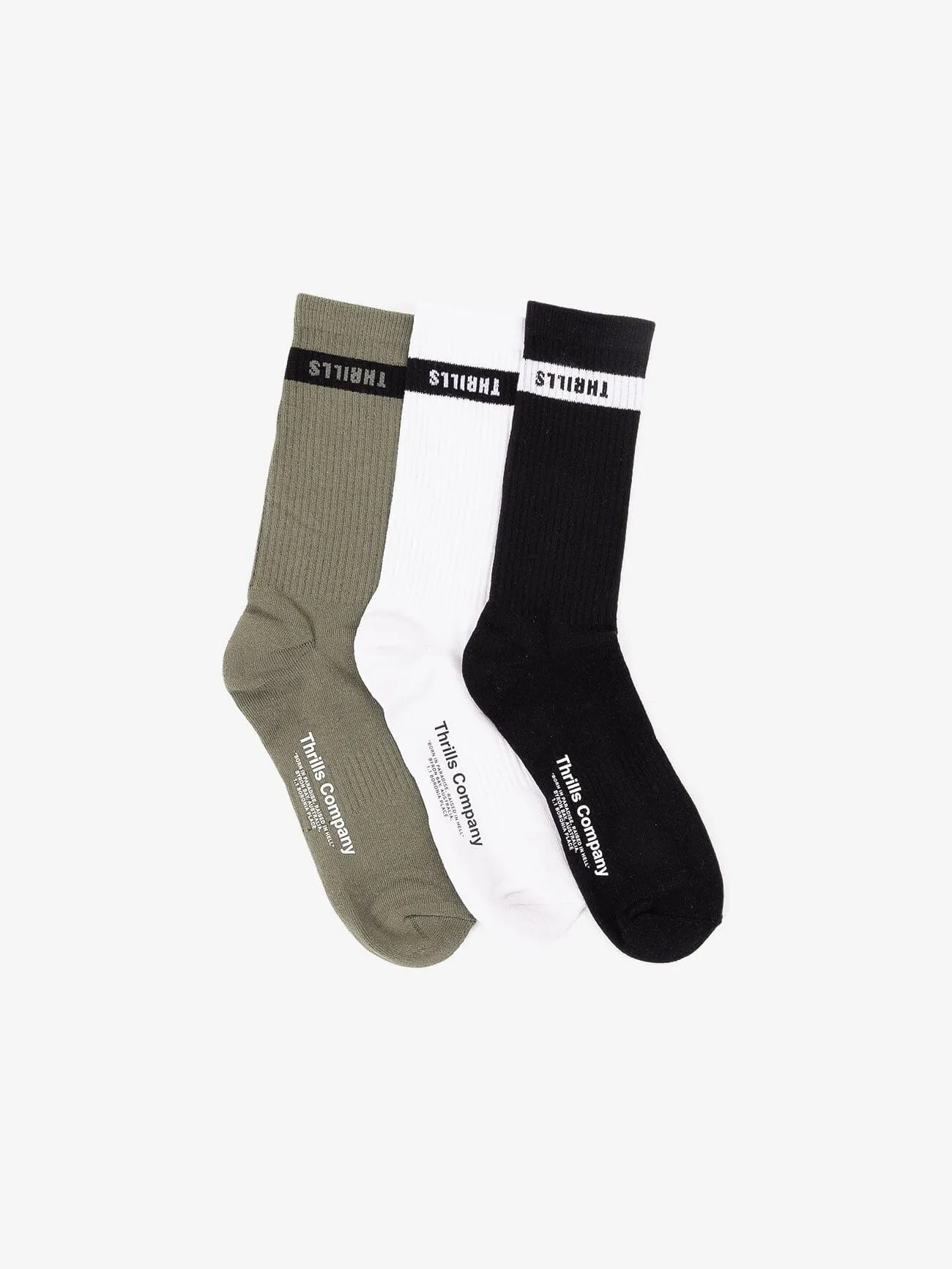 Minimal Thrills 3 Pack Sock - White, Black, Army Green sold by Thrills