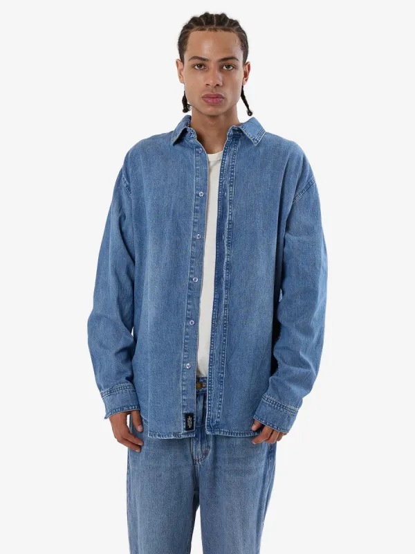 Canyon Oversize Long Sleeve Denim Shirt - Dark Dust Blue sold by Thrills