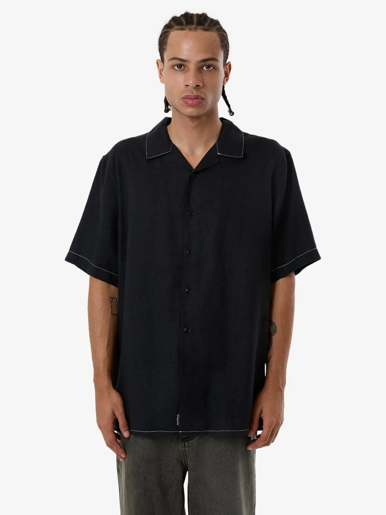 Hemp Minimal Thrills Contrast Stitch Bowling Shirt - Black sold by Thrills