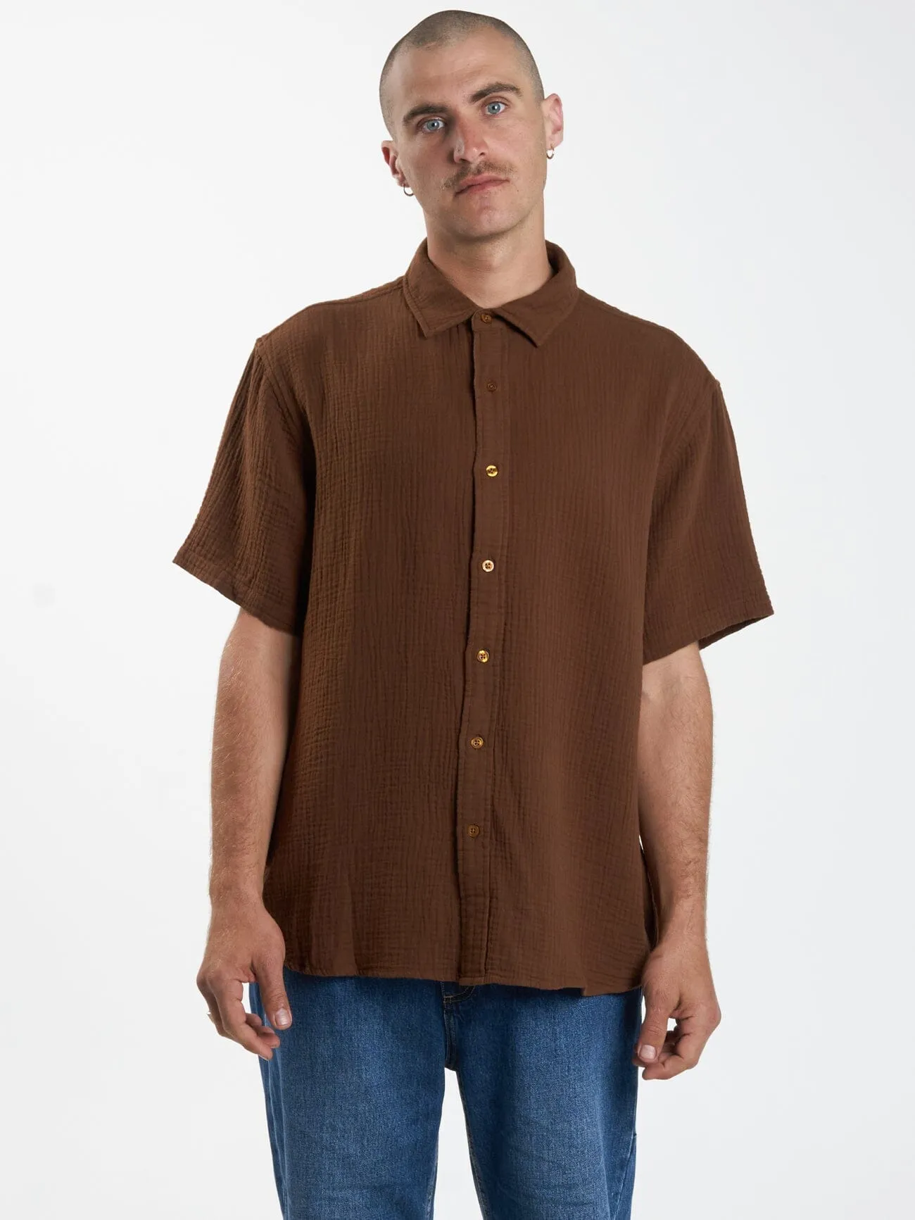 Minimal Thrills Seersucker Short Sleeve Shirt - Chestnut sold by Thrills