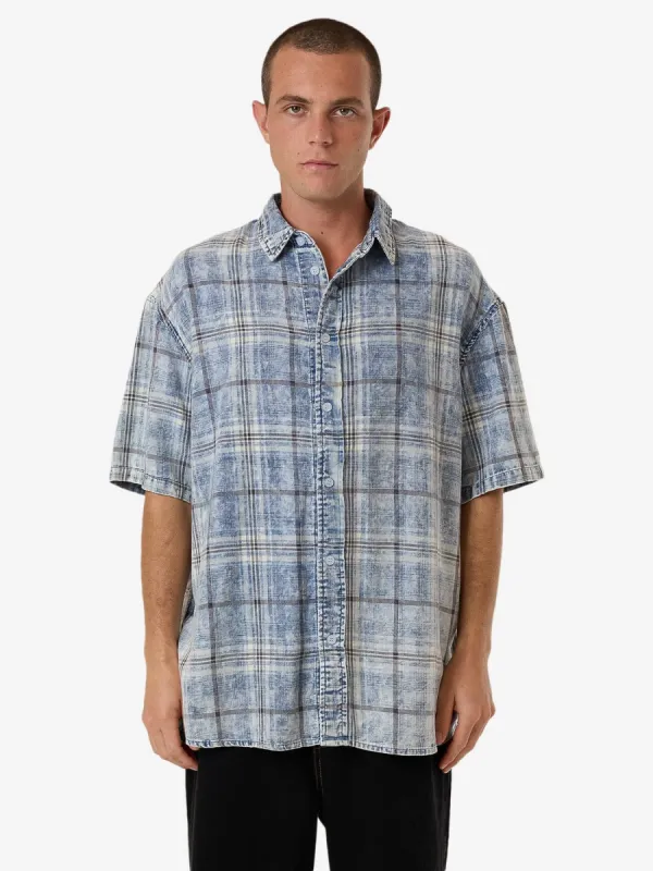 Society Oversize Short Sleeve Check Denim Shirt - Bleach Blue sold by Thrills