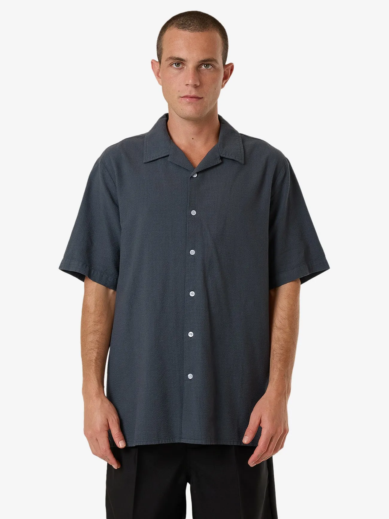 Minimal Thrills Stripe Bowling Shirt - Dark Slate sold by Thrills