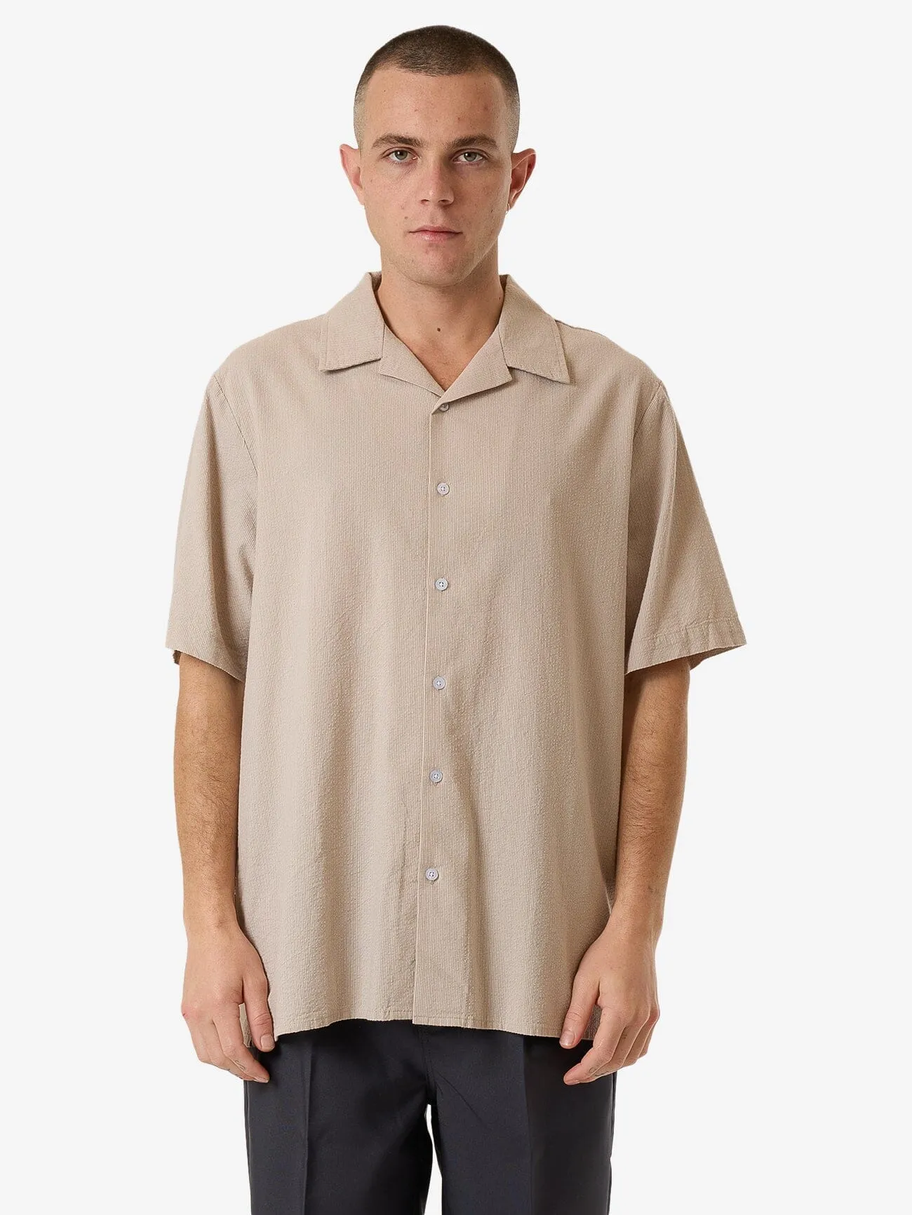 Minimal Thrills Stripe Bowling Shirt - Brindle sold by Thrills