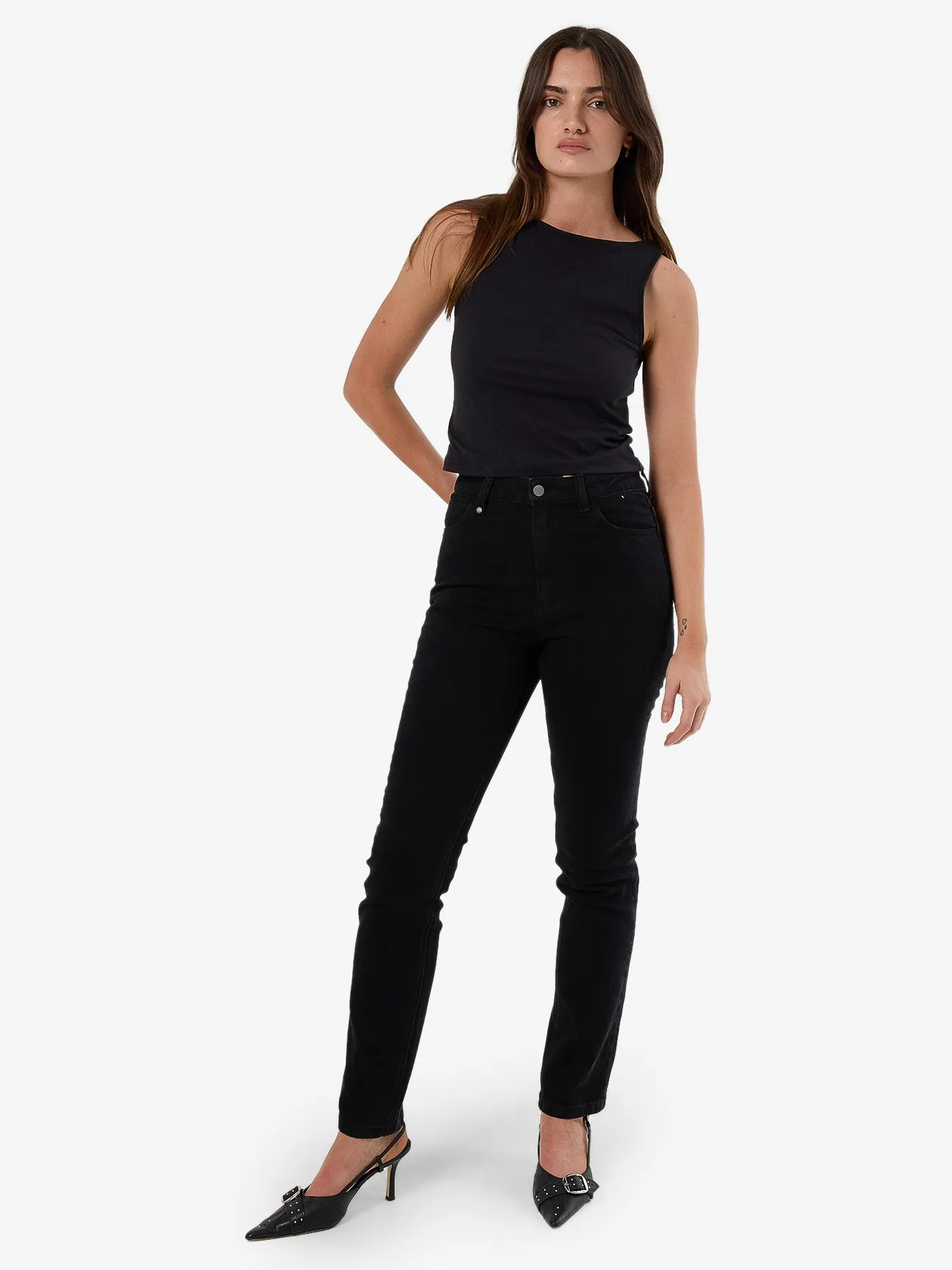 Nicole High Rise Stretch Straight Jean - Black Rinse sold by Thrills