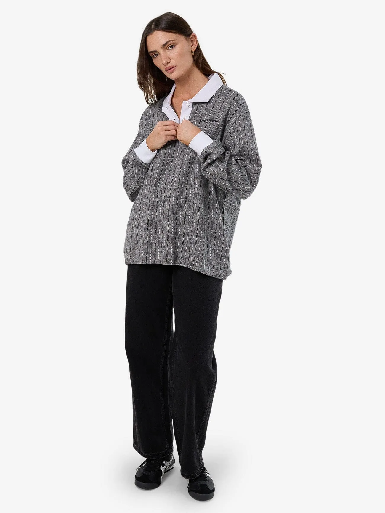 Limitations Stripe Rugby Long Sleeve Polo - Black sold by Thrills