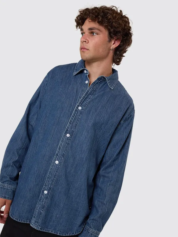 Canyon Oversize Long Sleeve Denim Shirt - Vanish Mid Blue sold by Thrills
