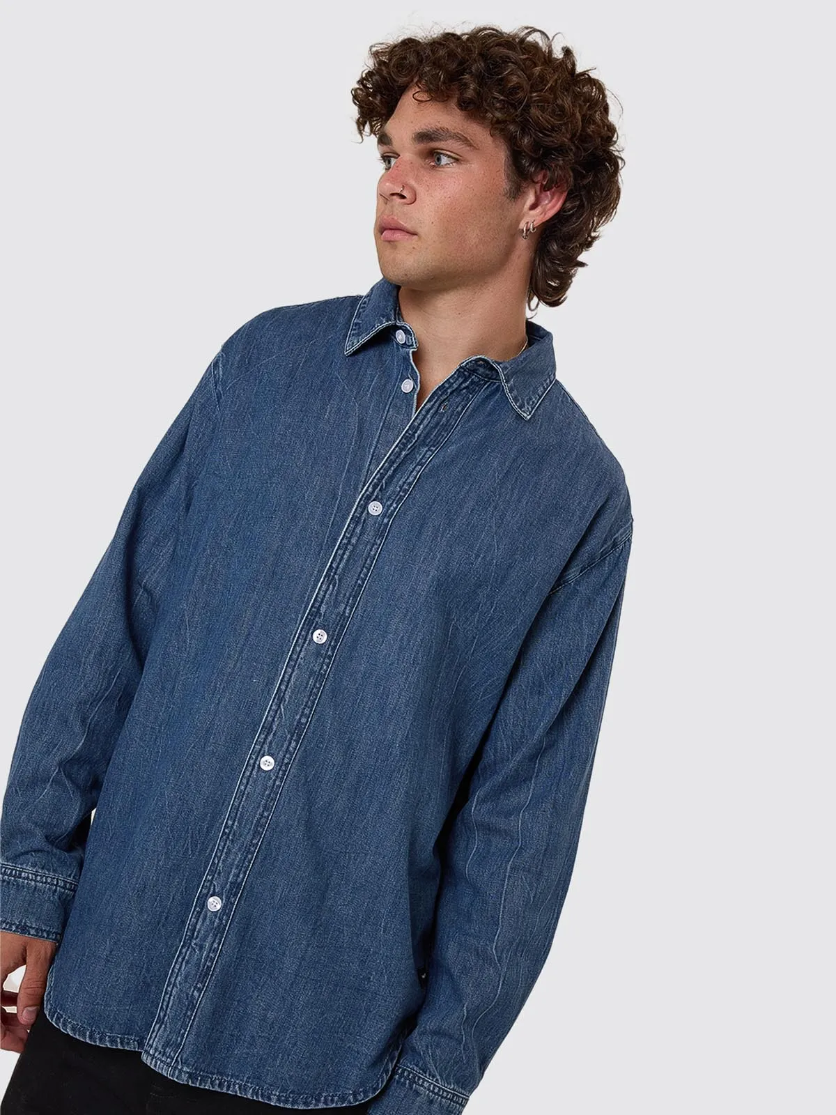 Canyon Oversize Long Sleeve Denim Shirt - Vanish Mid Blue sold by Thrills