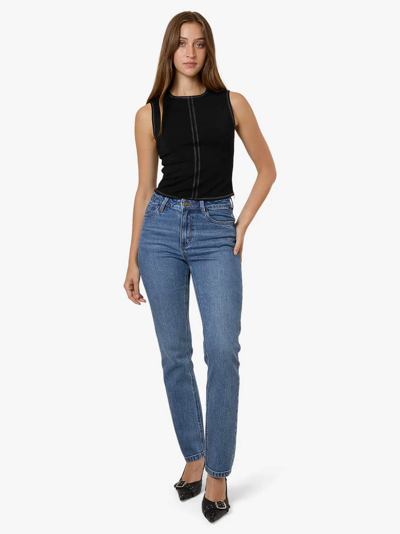 Nicole High Rise Stretch Straight Jean - Stoned Blues sold by Thrills