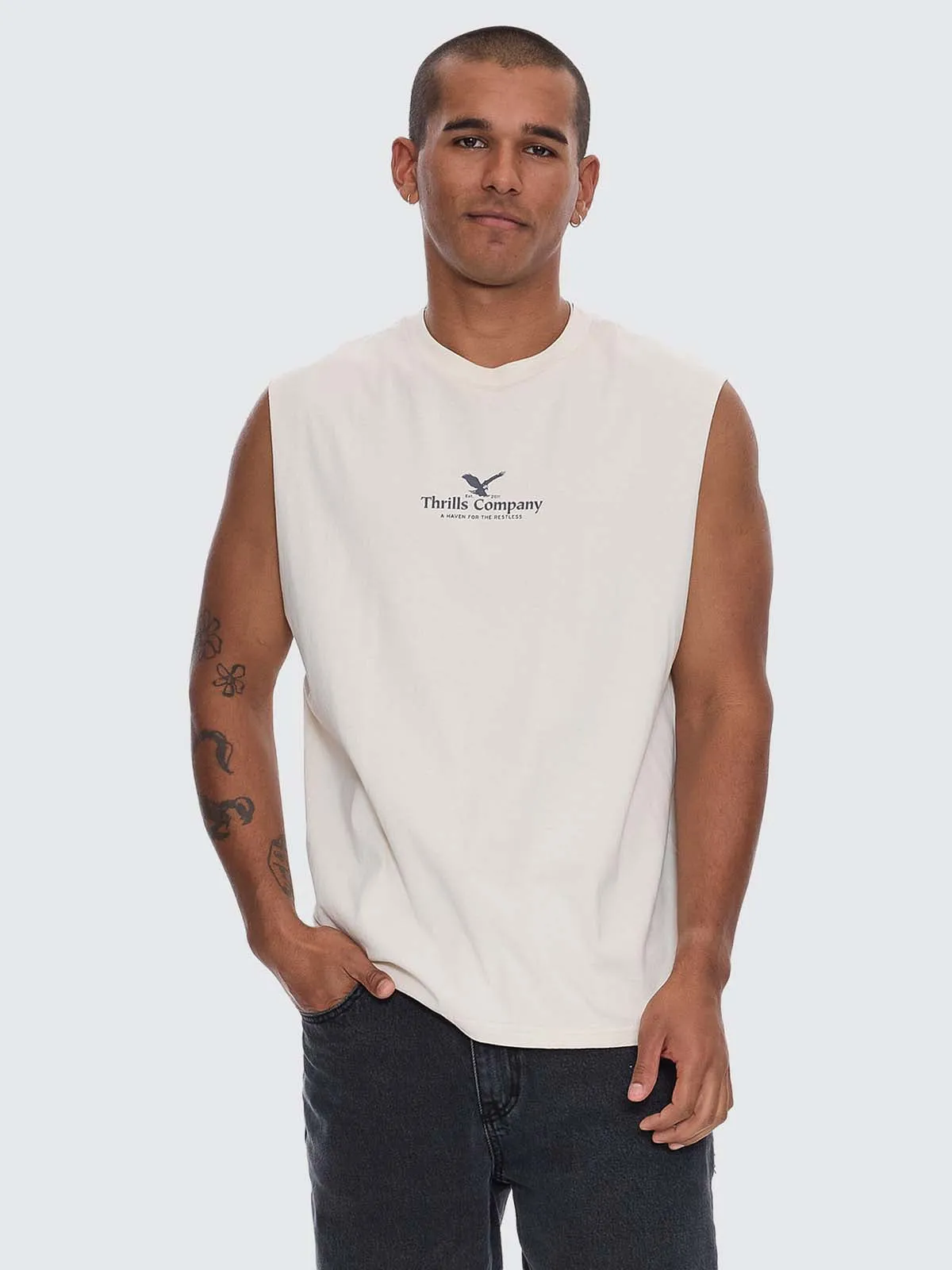 A Haven For The Restless Merch Muscle Tee - Heritage White sold by Thrills