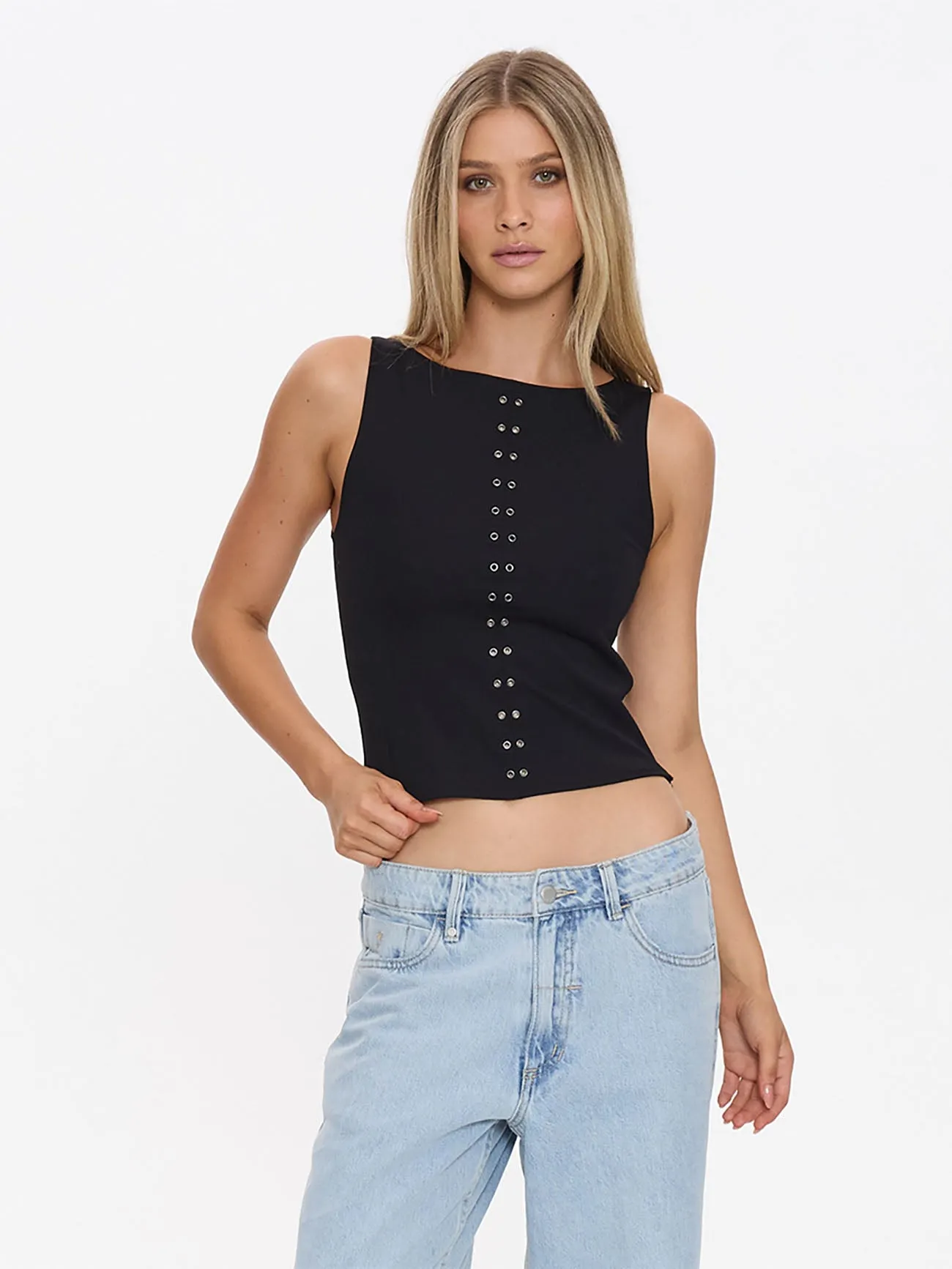 Rhyde Eyelet Tank - Black sold by Thrills