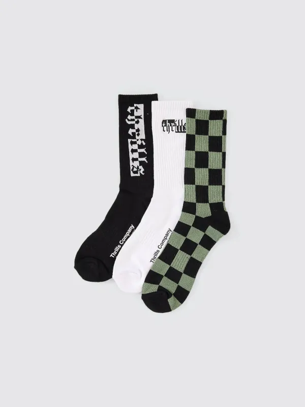 Excitement Excitement 3 Pack Sock - White - Black - Beryl Green Checker sold by Thrills