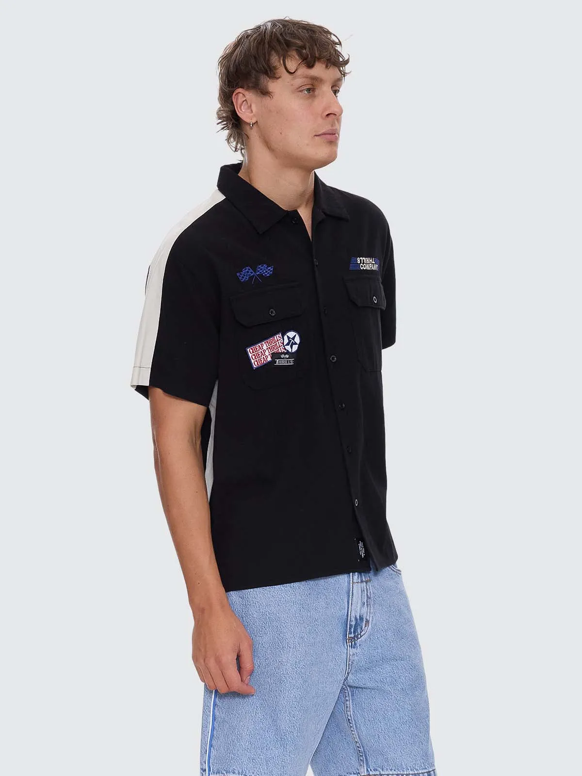 Rapid Fire Short Sleeve Cropped Panel Shirt - Black sold by Thrills product image thumbnail 5