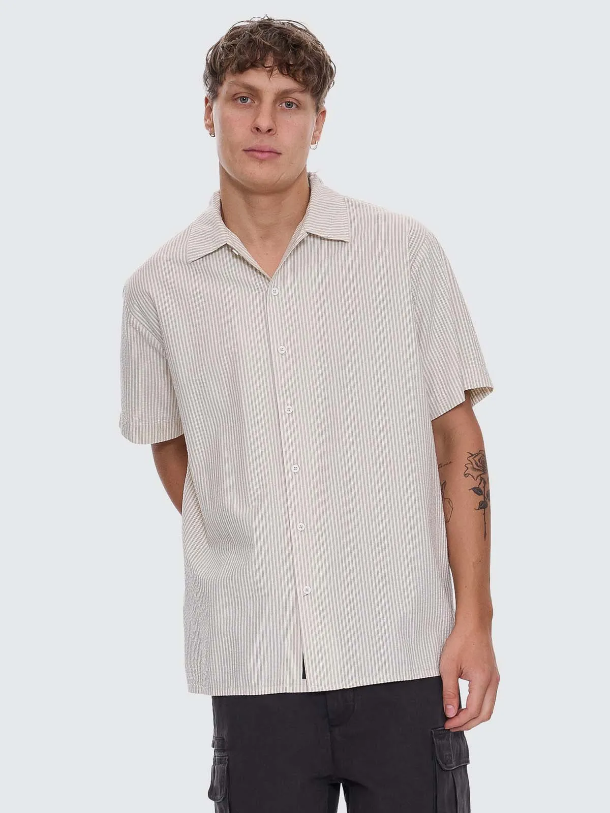 Beauty Around Us Short Sleeve Stripe Work Shirt - Acorn sold by Thrills