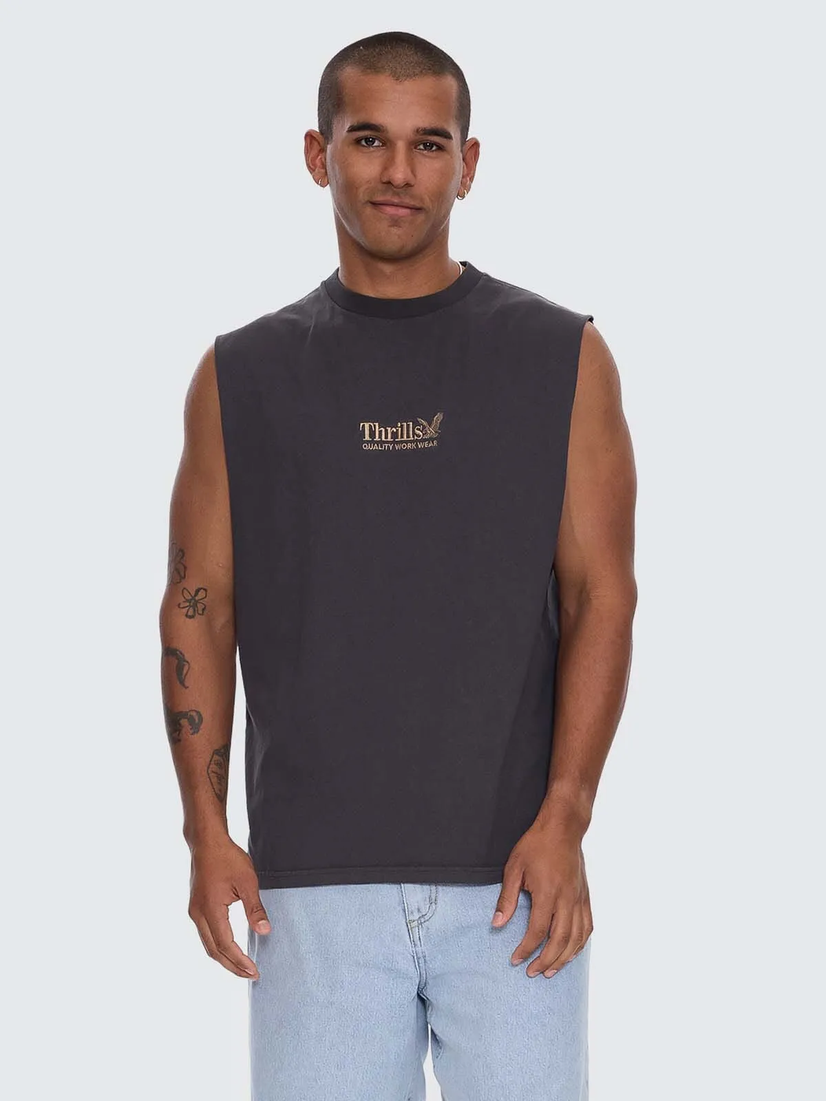 Thrills Workwear Embro Merch Fit Muscle Tee - Dark Charcoal sold by Thrills