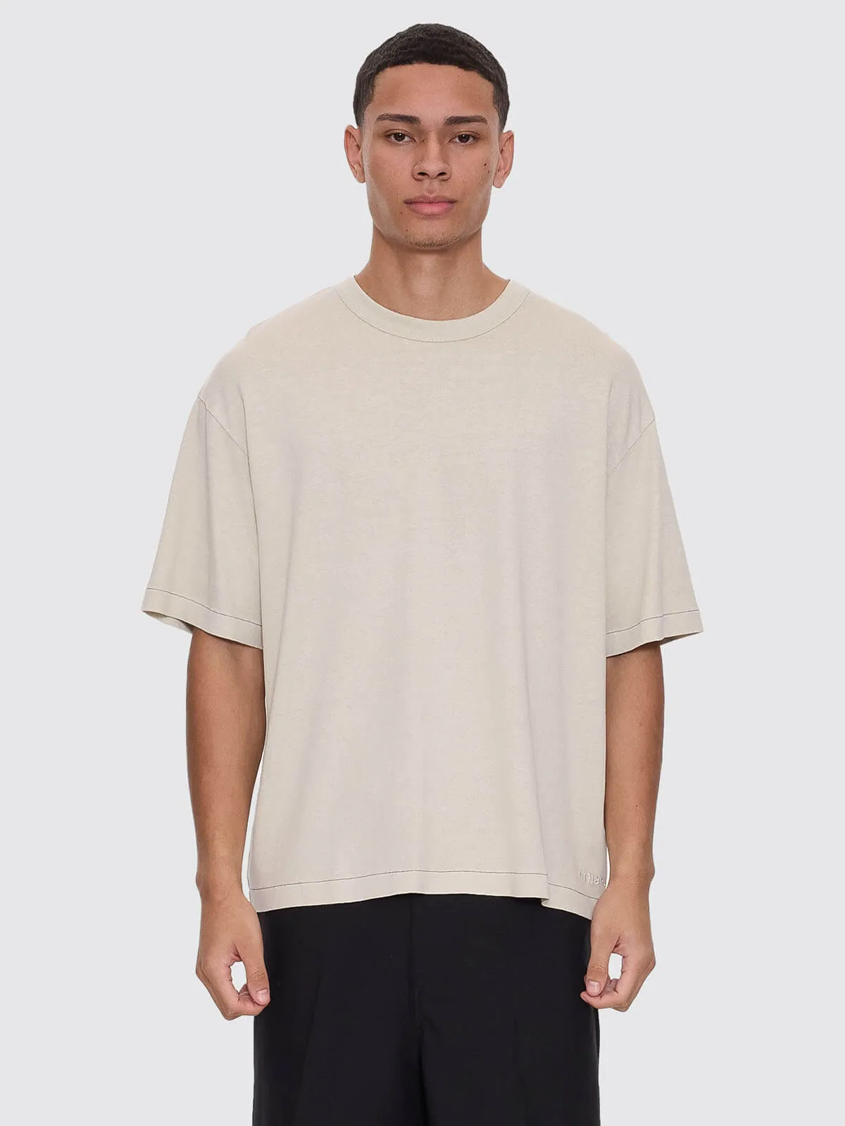 Hemp Thrills Embro Contrast Stitch Box Fit Oversize Cropped Tee - Oatmeal sold by Thrills