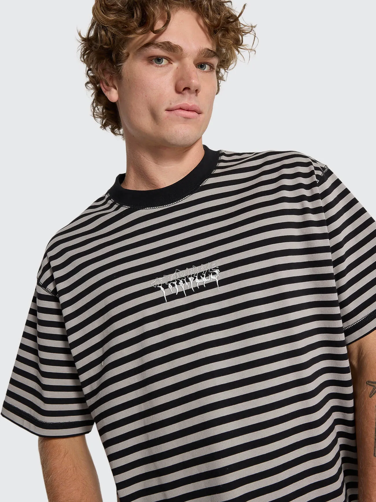 Shattered Stripe Box Oversize Crop Tee - Grey Stripe sold by Thrills product image thumbnail 2