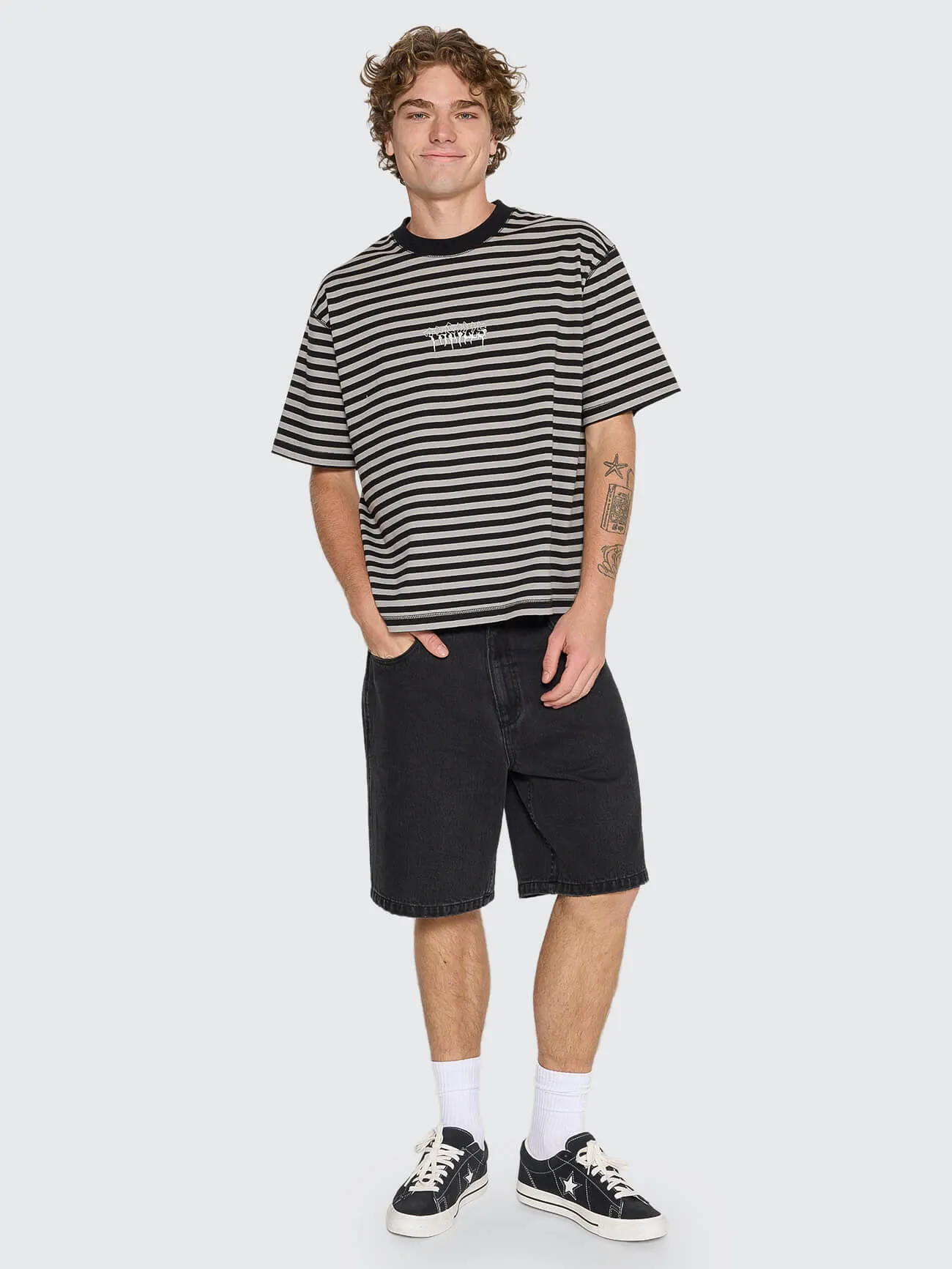 Shattered Stripe Box Oversize Crop Tee - Grey Stripe sold by Thrills product image thumbnail 3