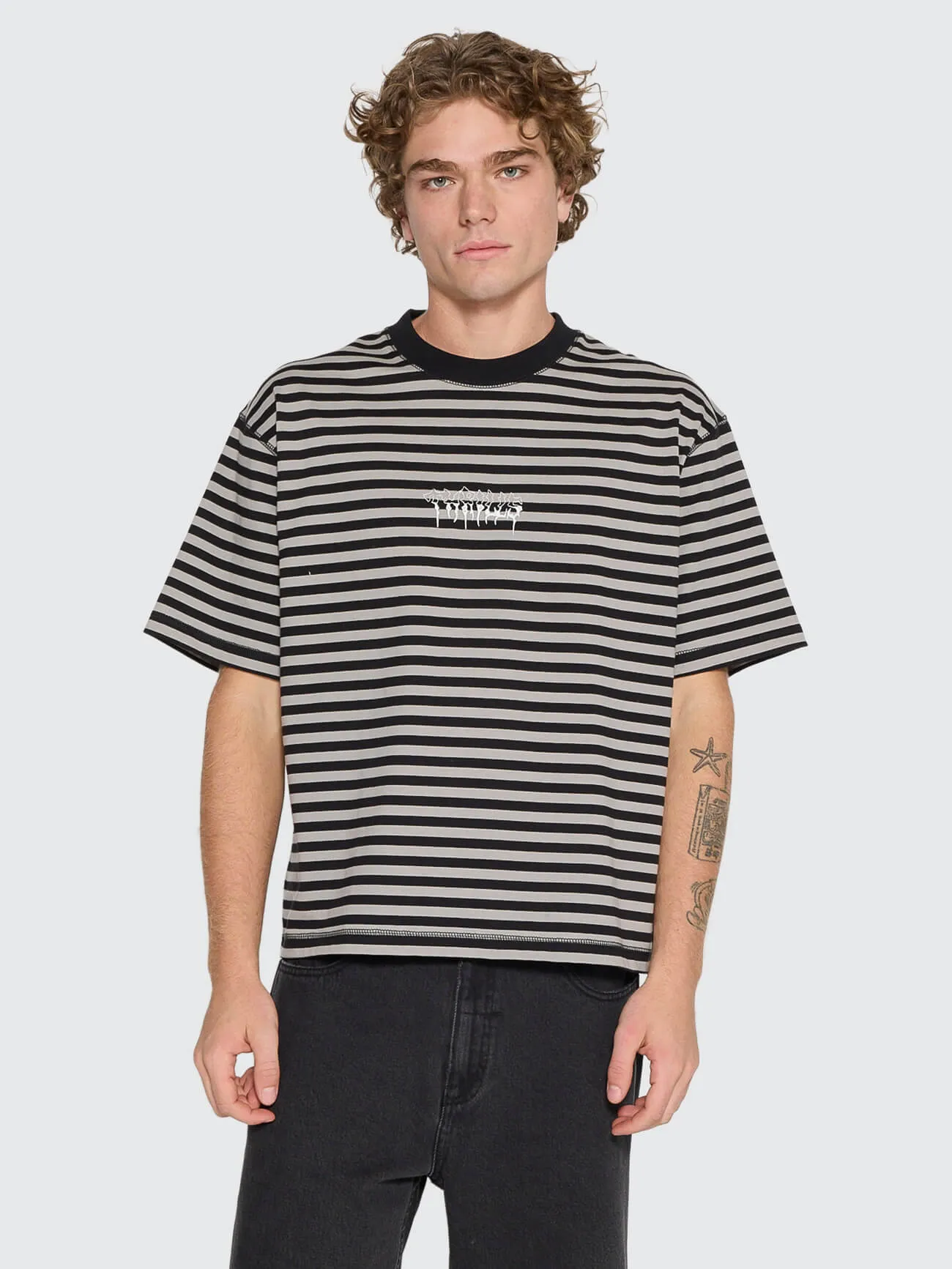 Shattered Stripe Box Oversize Crop Tee - Grey Stripe sold by Thrills