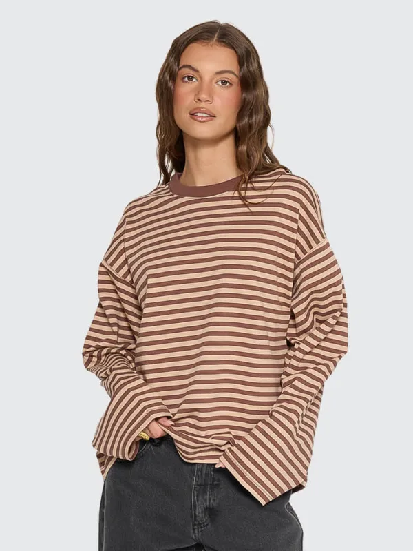 Muse Long Sleeve Oversize Tee - Choc Brown Stripe sold by Thrills