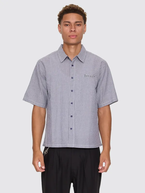 Web Of Deceit Box Crop Short Sleeve Shirt - Navy Stripe sold by Thrills