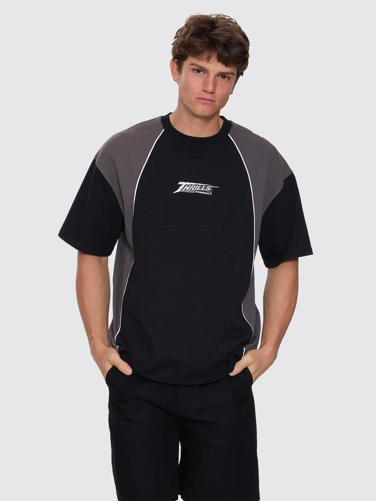 Heavy Voltage Box Fit Oversize Cropped Piping Tee - Black sold by Thrills