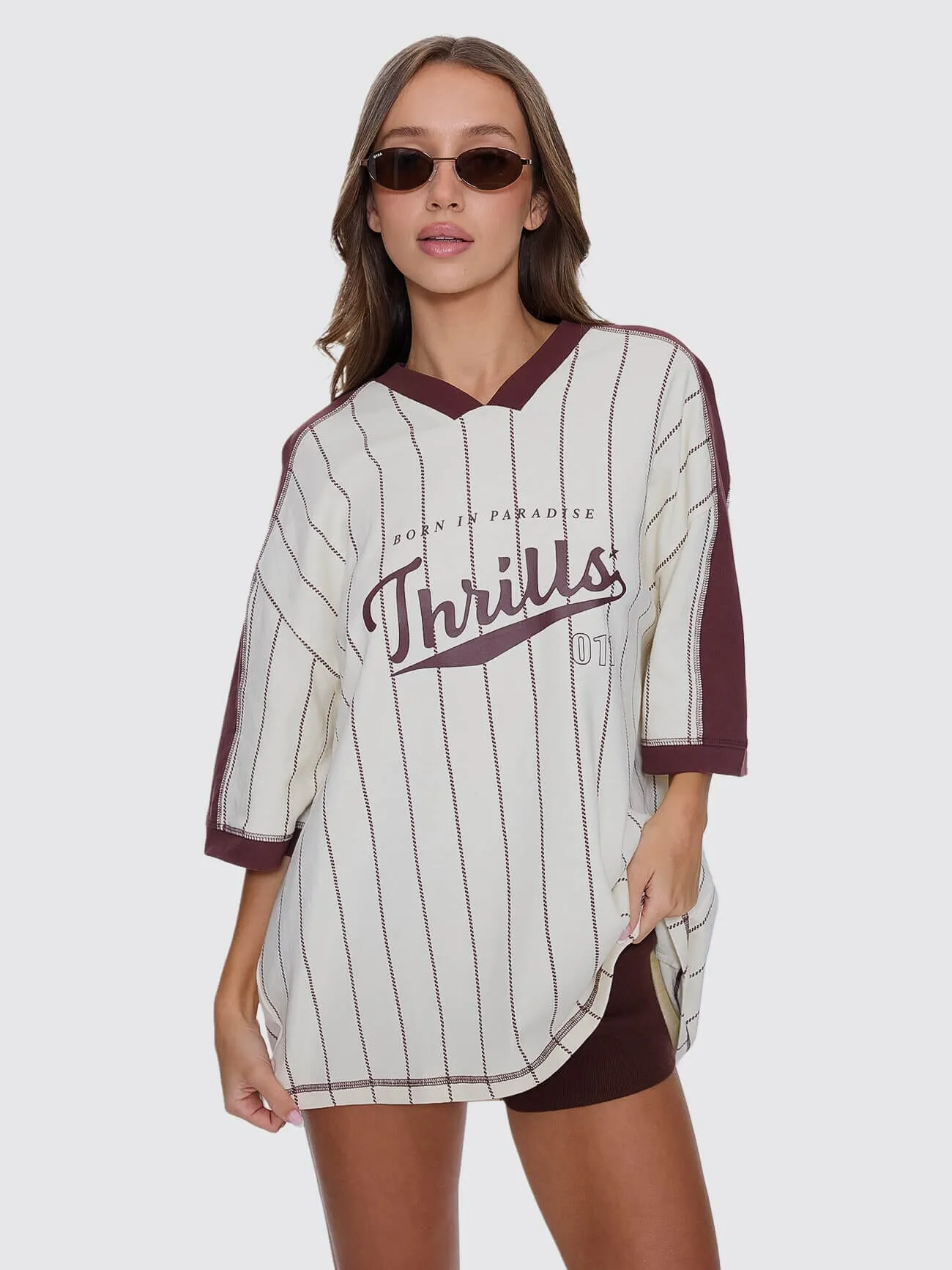 Baseline Stripe V-Neck Oversized Tee - Butter Cream sold by Thrills product image thumbnail 3