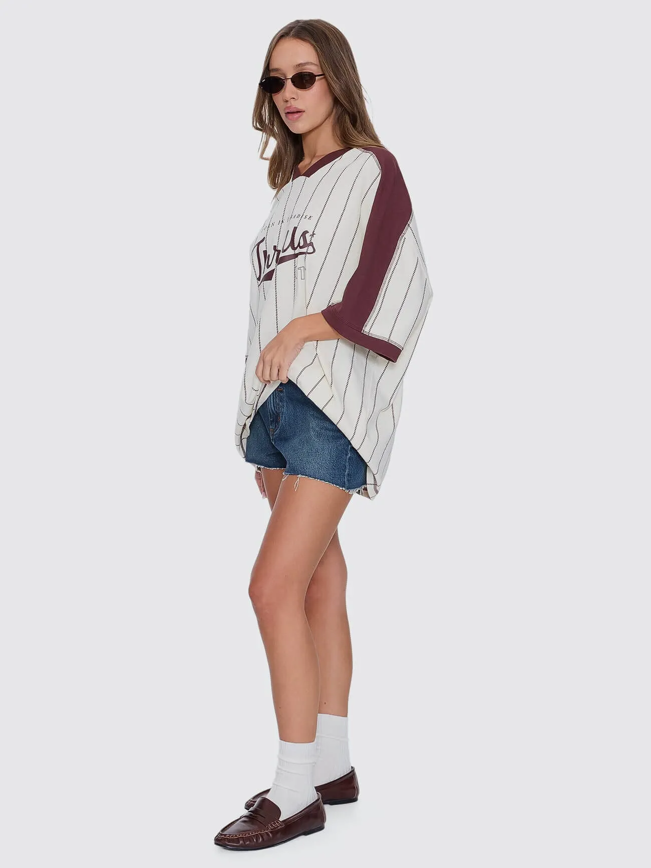 Baseline Stripe V-Neck Oversized Tee - Butter Cream sold by Thrills product image thumbnail 5