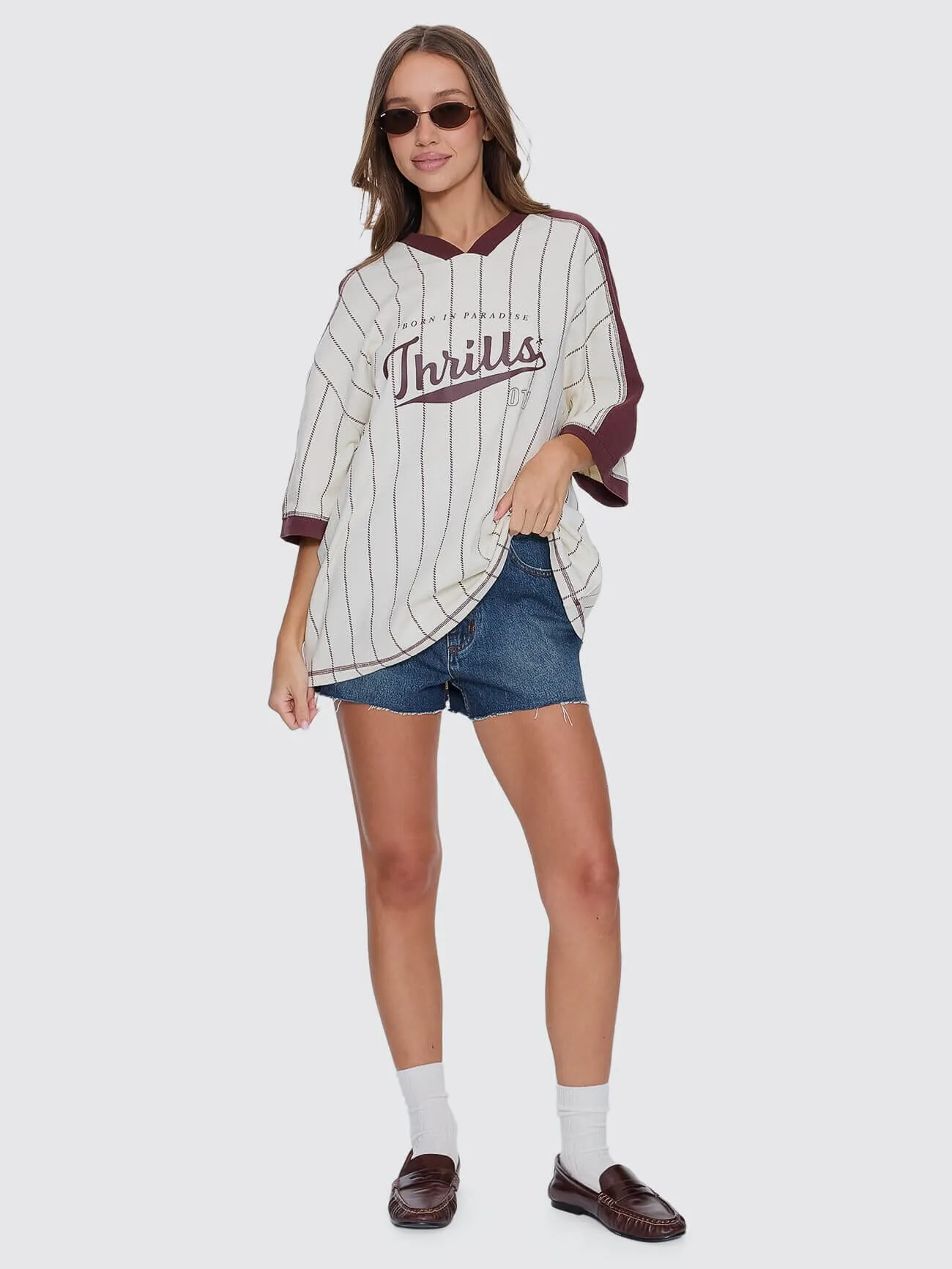 Baseline Stripe V-Neck Oversized Tee - Butter Cream sold by Thrills product image thumbnail 4