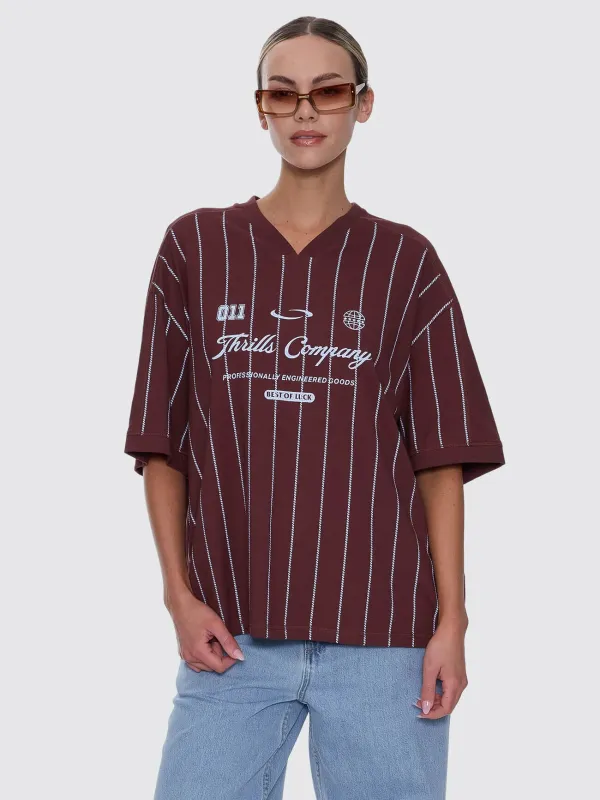 Game Day Stripe V-Neck Oversized Tee - Bitter Chocolate made by Thrills